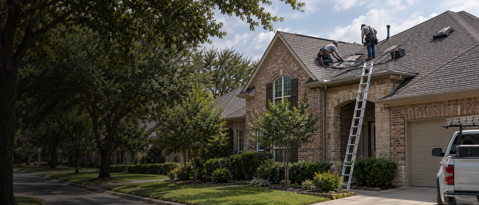 Roof repair crew working on a Houston-area roof