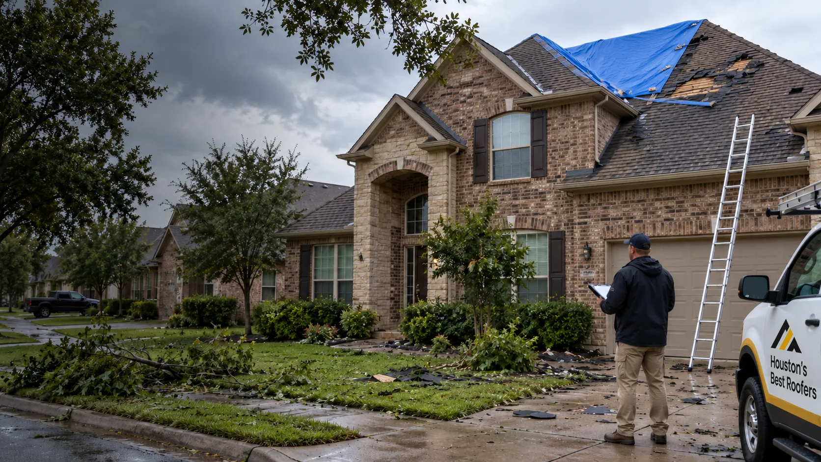 Storm damage inspection with a tarped roof